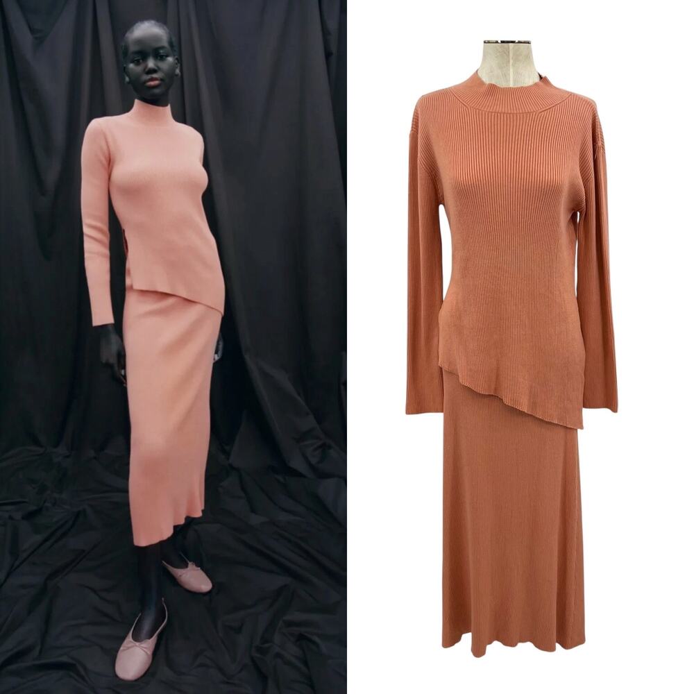 Zara Skirt Set Sweater Knit Ribbed Mock Turtleneck Asymmetric Hem‎ Pink Large